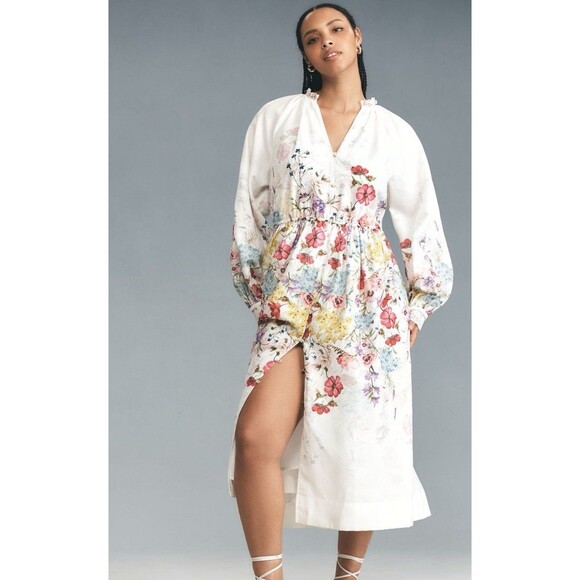 Anthropologie Dresses & Skirts - Anthropologie Let Me Be Midi Dress Long Sleeve V Neck Ivory Floral Preppy 3X NWT
